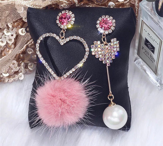 Heart Pom Pom Pearl Mismatch Dangle Earrings